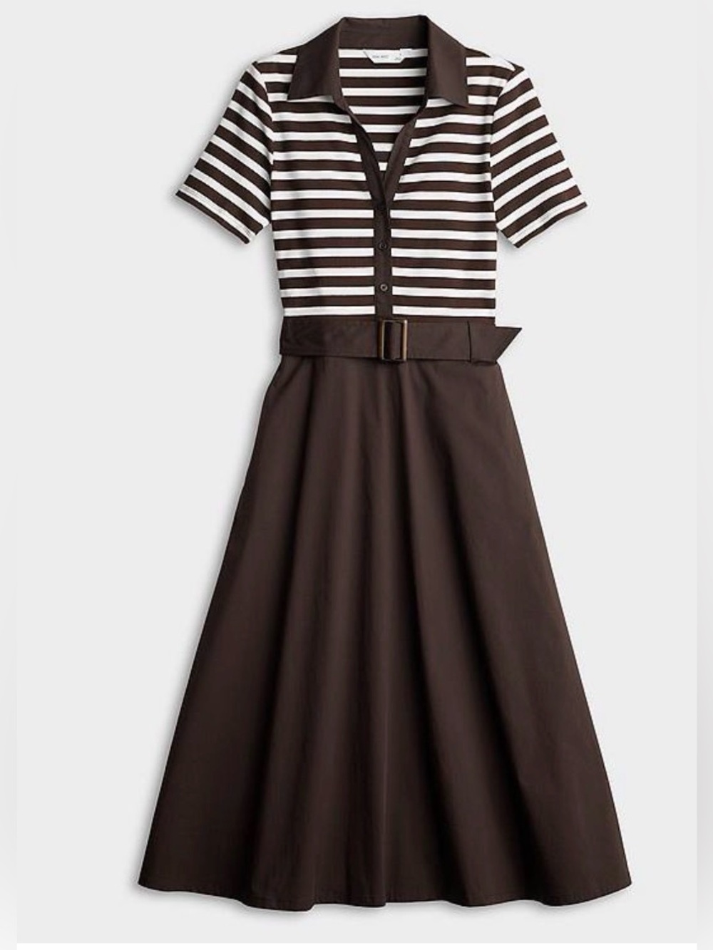NWOT Nine West Brown & White Striped Mixed Media Collared Belted Dress